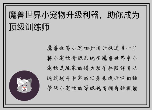 魔兽世界小宠物升级利器，助你成为顶级训练师